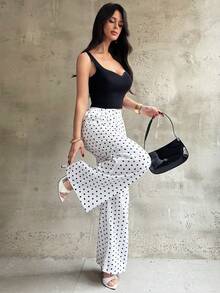 Firerie Women's Elegant Minimalist Daily Casual Commute Home Pants, White & Black Polka Dot Mid-Waist Loose Wide Leg Trousers, Casual Vacation, Teacher Black And White Pants Palazzo Pants Women Wide Leg Summer Pants - Black and White - View 7
