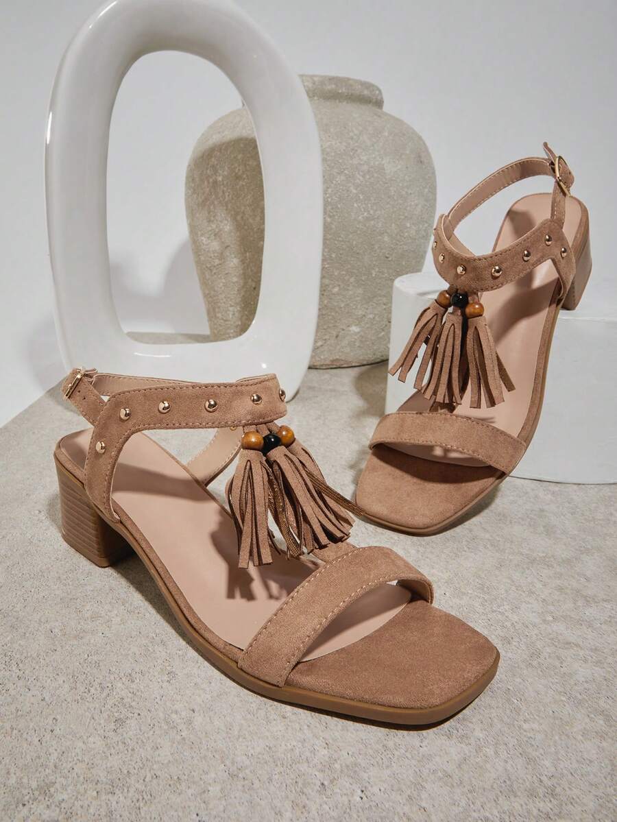SHUZIA #WideFitChic Women's Block Heel Square Toe Suede Tan Tassel Charm Sandals–Stable Heel & Easy Summer Styling - Mocha Brown - View 1