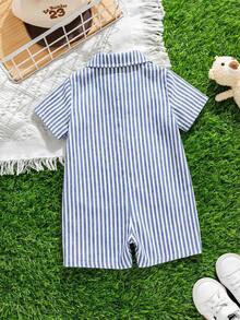 SHEIN Barboteuse décontractée style coréen rayée à col châle pour bébé garçon/fille, convient pour le printemps/été, pour l'intérieur et l'extérieur - Multicolore - Voir 2