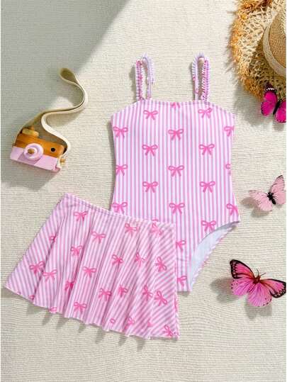 SHEIN 女童连体泳衣，蝴蝶印花网纱裙泳衣，条纹蝴蝶印花女童泳衣，女童沙滩泳装