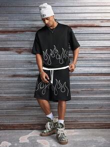 AXEPEAK Herren Lässig Set aus Flammen-Muster T-Shirt mit Strass und Shorts, Sommer - Schwarz - Übersicht 2