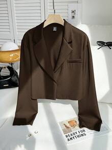 Comfortcana 大翻领短款西装外套，适合毕业季、返校季、秋冬季女教师穿着。 - 棕色 - 查看 5