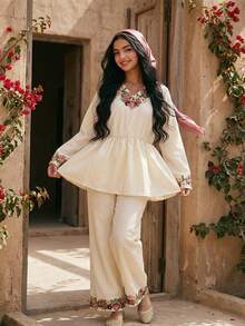 Teen GirlElegant Floral V-Neck Blouse And Pants Holiday Outfit Set - Apricot - View 4