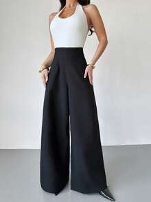 Firerie Women's Casual Chic High Waist Textured Wide Leg Pants, Suitable For Back To School And Commuting - Black - View 6