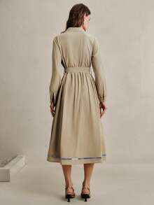 Anewsta 女士优雅刺绣镂空腰果花收腰长袖衬衫裙 女士刺绣连衣裙 波西米亚风连衣裙 - 綠色 - 查看 6