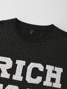 ROMWE MEN 男士亮片钻石刺绣下摆破洞七分袖T恤 - 黑色 - 查看 4