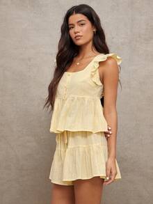 WESTFADE 100% 条纹刺绣棉质方领纽扣前襟荷叶边袖蝴蝶结后背褶裥上衣和抽绳腰带层叠短裤女士两件套 - 黃色 - 查看 4