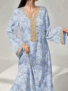 Al Najma 女士花卉印花钩编拼接长袖连衣裙，优雅端庄的A字型卡夫坦长袍，适合晚宴/婚礼宾客/周年纪念/日常穿着 - 淺藍色 - 查看 5