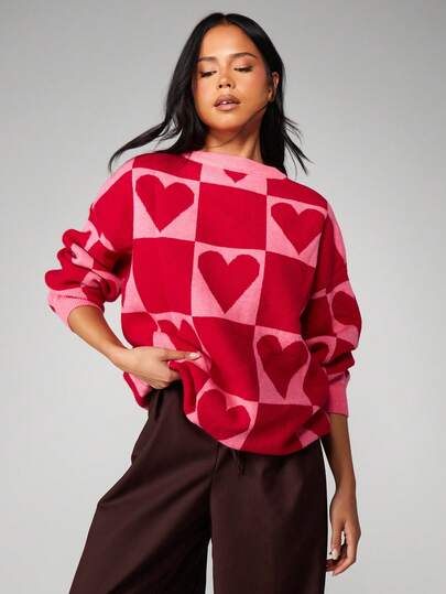 MISSGUIDED Jacquard Knitted Oversized Heart Pattern Valentine's Day Pullover Jumper Long Sleeve Crew Neck Holiday Sweater