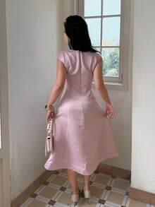Modelyn Women's Solid Color Round Neck Bow Decor Elegant Dress,Pink Dress - Pink - View 2