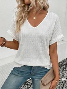 EMERY ROSE Spring/Summer New Casual Business Textured Striped Fashion White V-Neck Short Sleeve Women T-Shirt - White - View 3