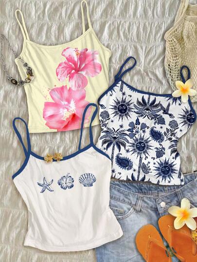 Attitoon 3개 캐주얼 미니멀리스트 휴가 보헤미안 엘레강스 레트로 블루 플로럴 & 오션 프린트 패턴 캐미솔 세트, 봄/여름에 편안함