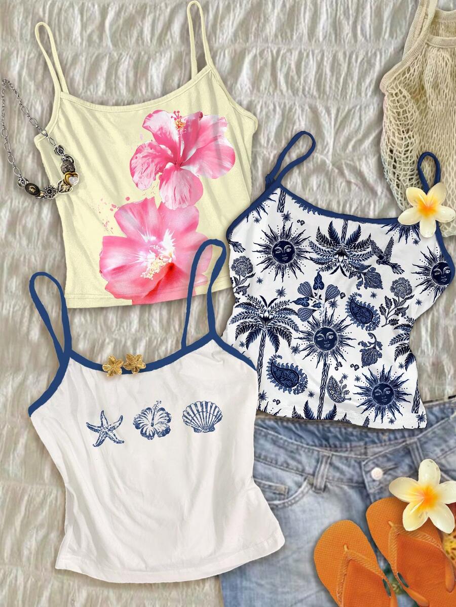 Attitoon 3件套休闲简约度假波西米亚风优雅复古蓝色花卉海洋印花吊带背心套装，舒适适合春夏穿着 - 彩色 - 查看 1