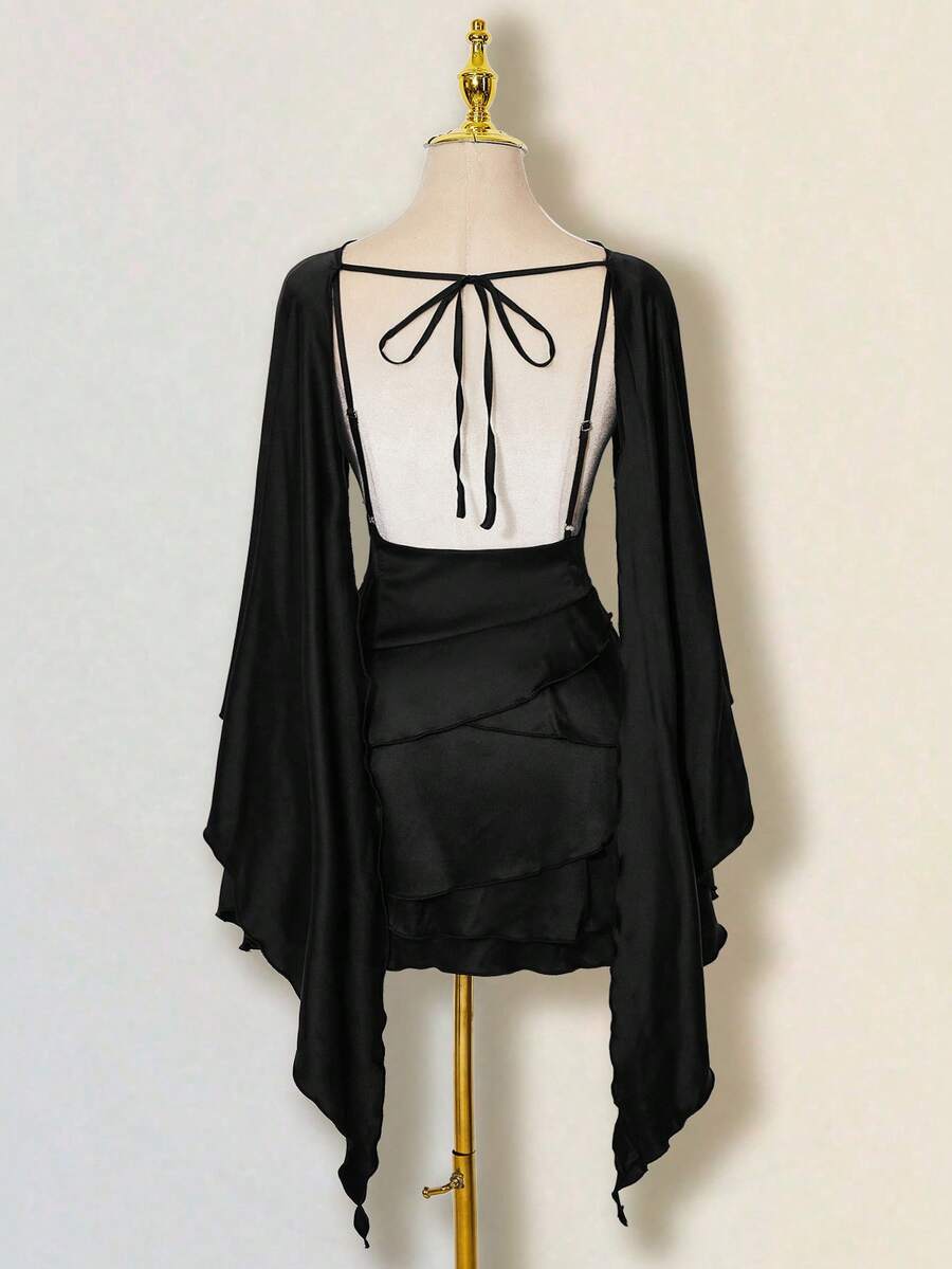 SHEIN ICON 女士缎面露背荷叶边修身迷你连衣裙，配腰带 - 黑色 - 查看 1