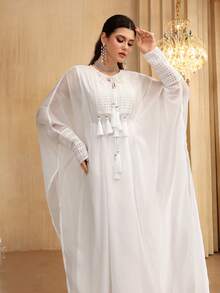SHEIN Najma Crew Neck Tassel Tie Waist Long Sleeve Split Hem Maxi Dress, Turkish & Arabic Traditional Style - White - View 1