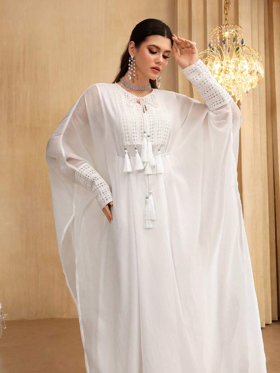 SHEIN Najma Crew Neck Tassel Tie Waist Long Sleeve Split Hem Maxi Dress, Turkish & Arabic Traditional Style - White - View 1