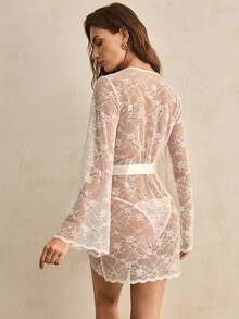 Charlaine Women's Sexy Sheer Lace Bell Sleeve Robe - White - View 2