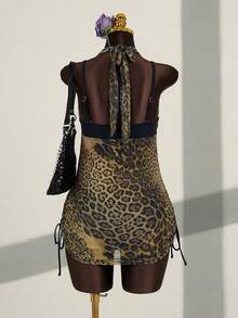 Zestiva 新款豹纹深V领露背圆环束腰显瘦抽绳三件式泳衣，度假风性感 - 彩色 - 查看 2