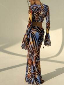 Aloruh Women's Summer Vacation Two-Piece Set, Beachwear, Sexy Retro Zebra Print Animal Print Suit, Y2K Music Festival Outfit, Party Outfit, Girls' Afternoon Tea Outfit. Elegant Printed Round Neck Short Flared Sleeve Top And Skirt Two-Piece Set. - Black - View 2