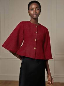Aveloria Revavyn Elegante chaqueta tipo blazer retro de estilo francés para mujer con diseño de lujo y alta gama, cuello redondo, mangas abombadas, cintura ceñida y botones metálicos - Rojo - Ver 3