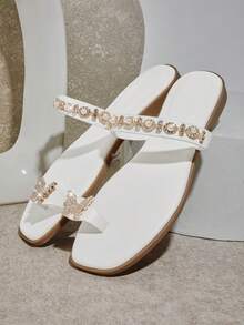 SHUZIA Sandalias planas con decoración de cadena de metal cómodas para mujer - Blanco - Ver 4