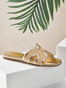 SHUZIA 女士實色新款夏季休閒時尚防滑平底涼鞋 - 金色 - 查看 7