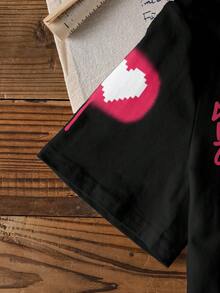 Tetris™ X SHEIN 少女休闲日常通勤时尚街头风爱心字母图案短袖T恤，夏季 - 白色 - 查看 5