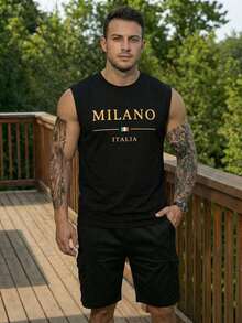 Manfinity Homme Men's Letter & National Flag Print Black Round Neck Tank Top - Black - View 2