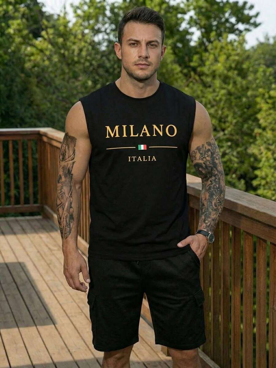 Manfinity Homme 男士字母和国旗印花黑色圆领背心 - 黑色 - 查看 1