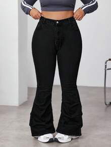 SHEIN ICON Quần jeans ống loe cạp cao màu trơn đơn giản, đa năng dành cho nữ cỡ lớn, thích hợp mặc hàng ngày đi làm. - màu đen - Xem 7