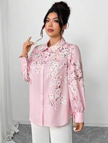 Elenzga 大码女式印花衬衫，优雅3D立体花卉图案，开襟长袖上衣 - 粉色 - 查看 6