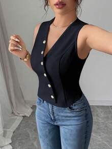 Elenzga Áo tank top nữ dáng ôm, tối giản, màu trơn, cổ chữ V xẻ sâu, cài cúc phía trước, thích hợp mặc hàng ngày đi làm; Áo tank top mùa hè cổ chữ V sâu, áo công sở, áo nữ thanh lịch, áo không tay, áo cài cúc phía trước, áo dáng ôm. - Màu xanh hải quân - Xem 3