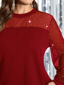 SHEIN Clasi Plus Size Women's Elegant Glamorous Patchwork Sheer Mesh Rhinestone Embellished Blouse, Suitable For Spring/Autumn Party - Rose Red - View 5