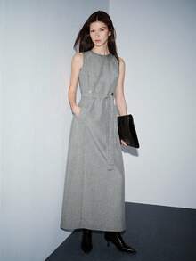 Lumivelle Women's Casual Linen Round Neck Sleeveless Cinched Waist Midi Dress, Summer - Grey - View 6