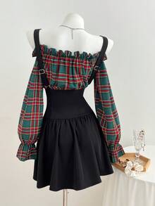 Elamini 女士时尚格子印花荷叶边拼接连衣裙 - 墨綠色 - 查看 2