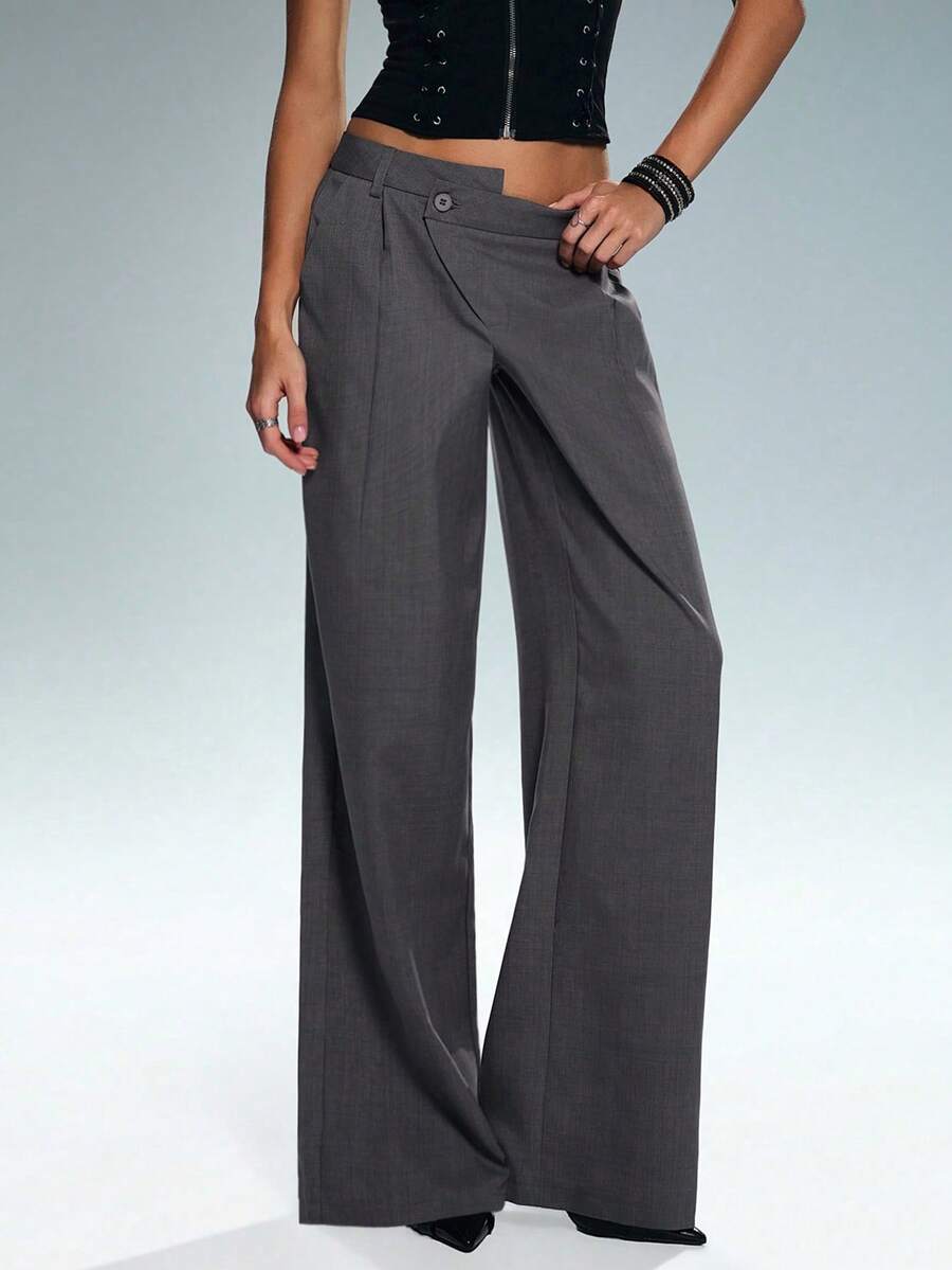 TRNVIE بنطلون نسائي ذو ساق مستقيمة بتصميم أنيق وغير متماثل، مناسب للخريف والشتاء - رمادي - مشاهدة 1