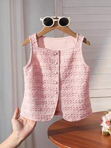 Áo không tay dệt kim màu trơn dành cho bé gái, kiểu dáng thường ngày, thích hợp cho kỳ nghỉ hè. - Hồng - Xem 7