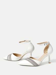 CUCCOO HITCHD 黑色水晶装饰绑带高跟鞋，尖头镂空设计，适合通勤、约会、派对等各种场合，秋季时尚之选。 - 純白色 - 查看 9