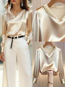 Rafferiza Solid Color Satin Satin V-Neck Pearl-Embellished Long-Sleeved Blouse For Women, Fashionable, Simple, And Elegant. Suitable For Spring, Summer, Holiday, And Valentine's Day. Also Suitable For Parties, Elegant Women's Tops, And Vacation Wear. Features Include Shimmering Details, Elegant Blouses, And Vacation Attire. - Khaki - View 4