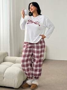 Auralis Women's Casual Daily Homewear Valentine's Day Vintage Solid Color Round Neck Long Sleeve Bow Print & Red Plaid Belted Ankle Pants 2-Piece Set/Plus Size Casual Homewear Set/Back To School Set/ Valentine's Day /Valentine Outfits For Women Loungewear Women Sleep Wear Women Lounge Wear Pajama Sets For Women Comfy Sets Women Comfy Lounge Wear Women's Lounge Wear Women's Pajama Set Long Sleeve Top Plaid Pajama Pants - Multicolor - View 5