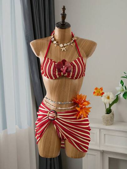 Bellisia 3件套女士波西米亚风钩编镂空提花面料挂脖比基尼套装，配圆形环饰罩衫，适合海滩度假