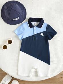 SHEIN 2pcs/Set Newborn Unisex Baby Boy/Girl Navy Blue Contrast Color Patchwork Cute Casual Short Sleeve Polo Romper And Sun Hat Set,Summer Family Matching - Navy Blue - View 4
