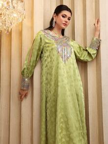 Al Najma Geometric Neckline Beaded Striped Lace-Up Floral Jacquard Green Dress Modest Full Length Jalabiya For Evening Party - Green - View 3
