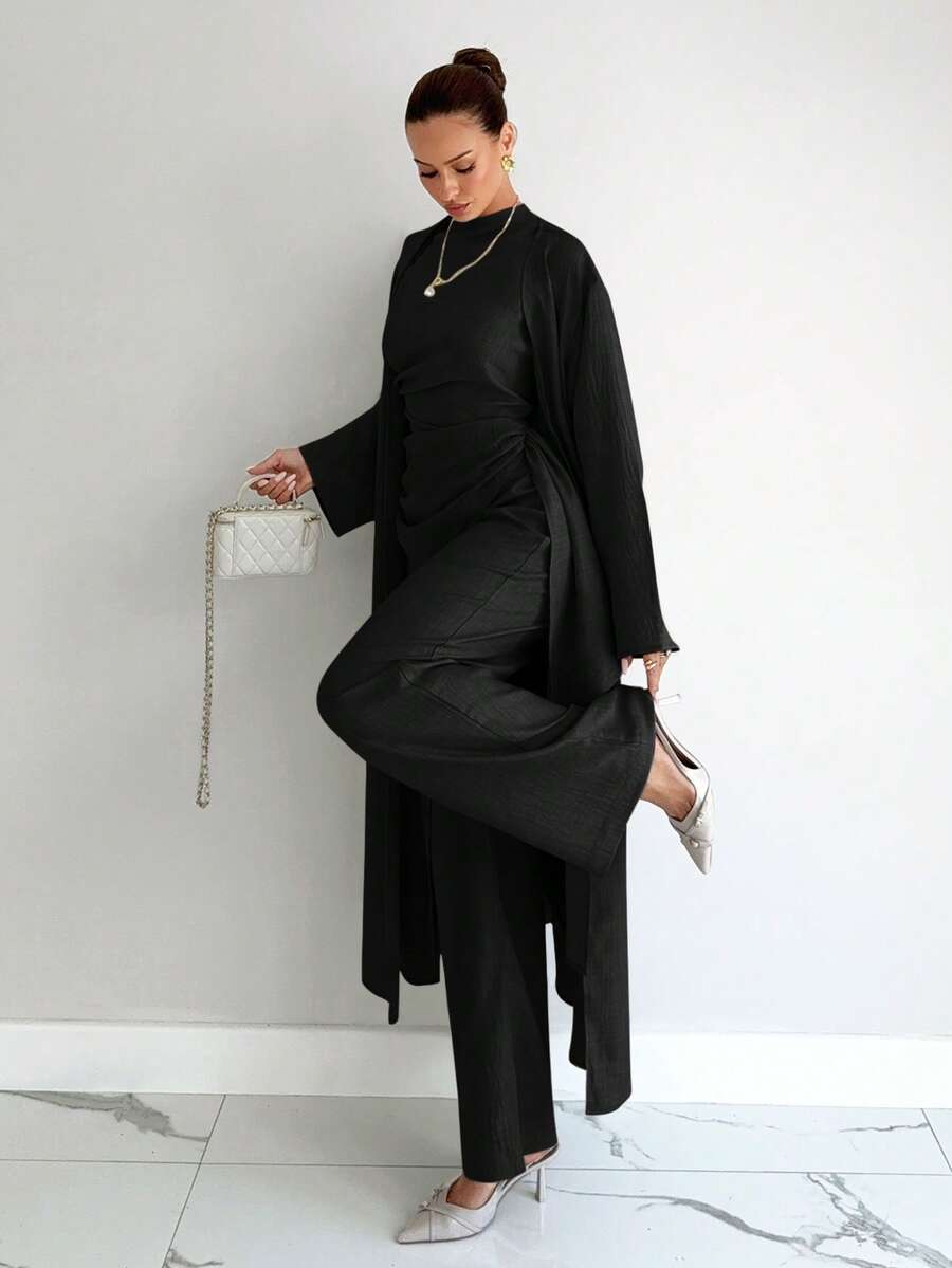 Siren Gaze Bộ 3 món áo và quần nữ màu trơn kiểu dáng thường ngày - màu đen - Xem 1