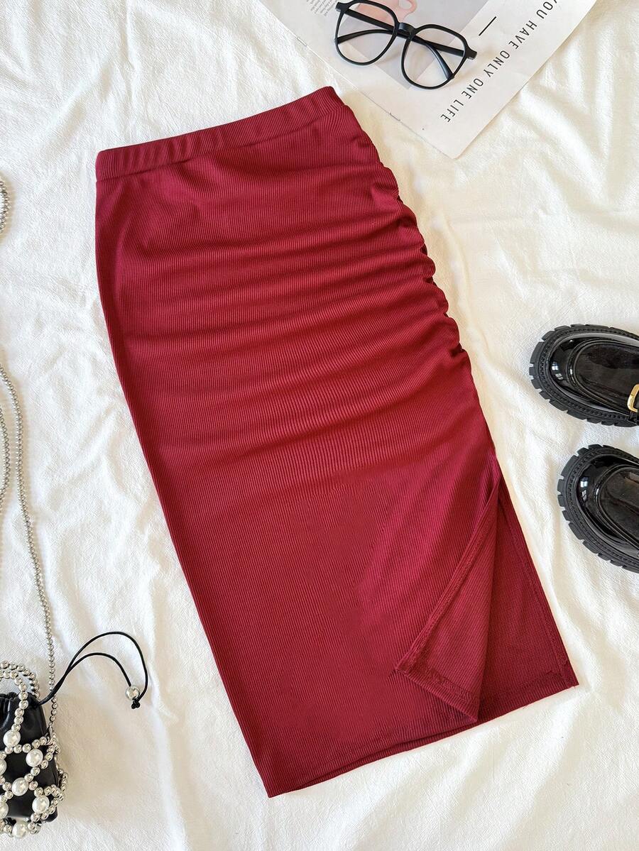 Tween Girl High Waist Pleated Slit Hem Ribbed Knit Skirt - Burgundy - View 1
