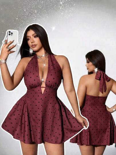 Viva Relle Women's Summer French Retro Polka Dot Halter Neck Tie V-Neck Fitted A-Line Sexy Mini Dress, Perfect For Girls' Shopping Trips, Parties, Sexy, Holidays, Patterned, Valentine's Day, New Year, Christmas.