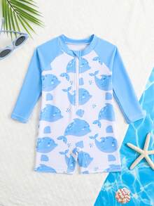 Áo tắm liền thân dài tay cho bé gái, họa tiết ngẫu nhiên. - Màu xanh nhạt - Xem 4