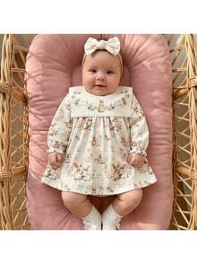 Loomiva Newborn Baby Girl Floral Print Colorblock Sailor Collar Long Sleeve Waist Dress - Multicolor - View 2