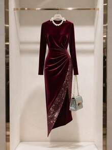 GlowEve Petite 女士天鹅绒修身收腰优雅日常通勤时尚法式街头复古百搭圣诞派对新年假日商务酒红色长袖连衣裙，秋冬款 - 酒紅色 - 查看 6