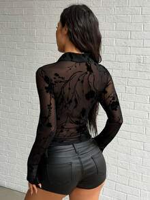Flirla Women's Fashionable Sexy Flocked Floral Mesh Blouse - Black - View 2